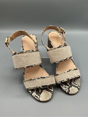 Ann Taylor Linen & Snake-Print Block Heel Sandals in Beige, size 6
